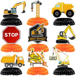 9Pcs Construction Party Decorations Honeycomb Centerpieces Dump Truck Excavator Table Toppers 3D Paper Ornaments for Kids Boy Birthday Party Supplie