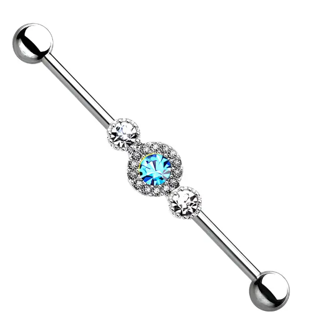 Triple Aqua CZ Stainless Steel Industrial Barbell