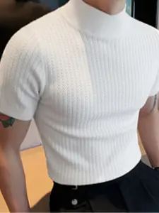 Men's Summer Fashion Casual Knitted Half High Neck Short Sleeve Tee, Style Water Ripple Pure Color T-Shirt