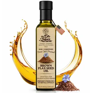 Brown Flaxseed Oil for Cooking and Baking · Raw · Unrefined · First Cold-Pressed at Temperatures Below 30°C · Pressed Only Once · Without Metal or Wood Contact · Small Batch · Handcrafted in Seattle USA · 100% Pure & Natural · Also Loved for Skin and Hair