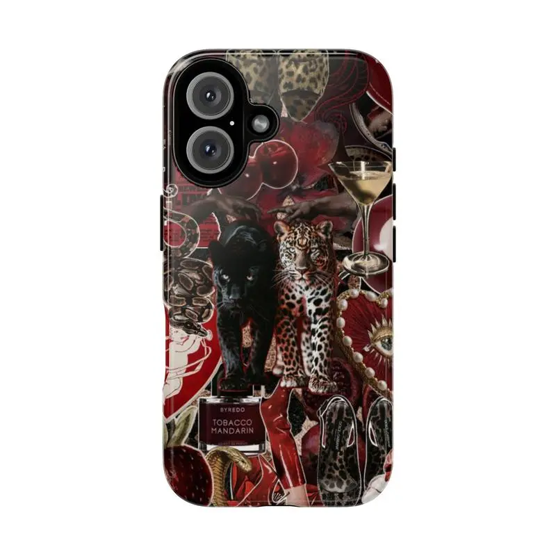 Luxury Aesthetic Tough Phone Case – Leopard & Panther Design with Red Collage, Perfume, Suitable for iPhone 17-11 Pro Max/Plus and  Samsung Galaxy S23-25