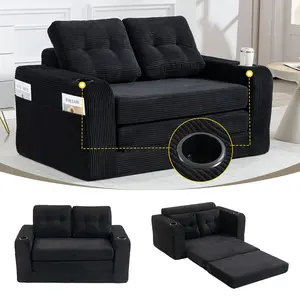 boneless couches Corduroy 2-in-1 Convertible Boneless Loveseat Couch - Modern Upholstered Sofas with Cup Holders, Side Pockets, No Assembly, Compressed Design for Living Room, Foldable Portable Floor Sleeper Furniture