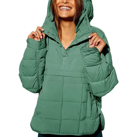 utcoco Women's Button-Front Oversized Quilted Cloud-Like Puffer Pullover Coat - Funnel Collar, Batwing Sleeves, High-Low Hem, Solid Cotton, Cozy, Pocketed, Quick-On, Cold Weather, Gym Workout Chic Contemporary Lightweight Jacket