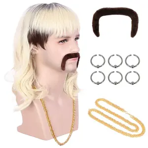 Adult Men 70s 80s Rocker Mullet Long Wave Beige Blonde Dark Root Mutsache Wig with 6 Earrings and Golden Necklace Halloween Costume Cosplay Wig