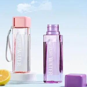 minimalist square plastic water cup, leak proof, with drawstring and lid, portable sports cup, perfect choice for school