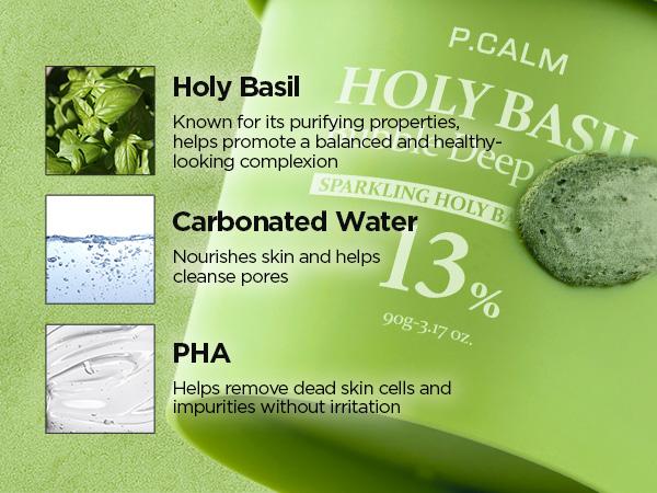 [P.CALM Official] Holy Basil Bubble Deep Mask 2EA + BRUSH – Holy Basil & Carbonated Water for Cleansing Pores & Blackheads, Korean Clay to Bubble Wash-Off Pack (2EA x 90g)