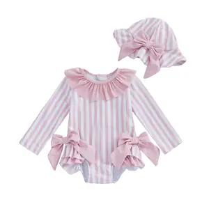 Meihuida Baby Girl Swimsuit Long Sleeve Striped Bow Swimsuit Romper with Hat Baby Girl Bathing Suit Infant Beach Rash Guard