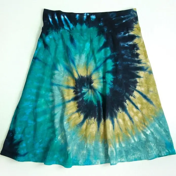 Ladies Tie Dye Skirt A Line Women's Cotton Jersey Skirt with Earthy Spiral Design in Blue Green Yellow Colors