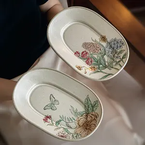 1pc Rustic Ceramic Oval Plate 10 Inch Textured Glazed High Temperature Resistant Breakfast Fish Dish, Farmhouse Style Dinnerware