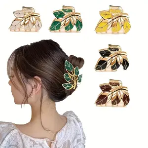 Boho Alloy Leaf Hair Claw Clip - Pop-Culture Themed, Hand Wash Only, Non-Feathered, Fashionable Hair Accessory for Women, 100 Pigtail Clips