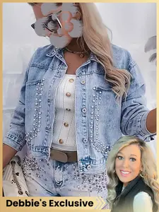 【Debbie' Exclusive】Women's Casual Fitted Denim Jacket & Coats, Long Sleeve Lapel Neck Button Design, Rivet Embellished Pockets, Perfect for Daily Wear & Travel, Womenswear