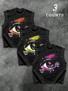 3-Pack Street Style 'sunshine in Your Eyes' Rivet Sleeveless T-Shirts, Unisex Summer Fashion, Loose Fit, Subculture Design