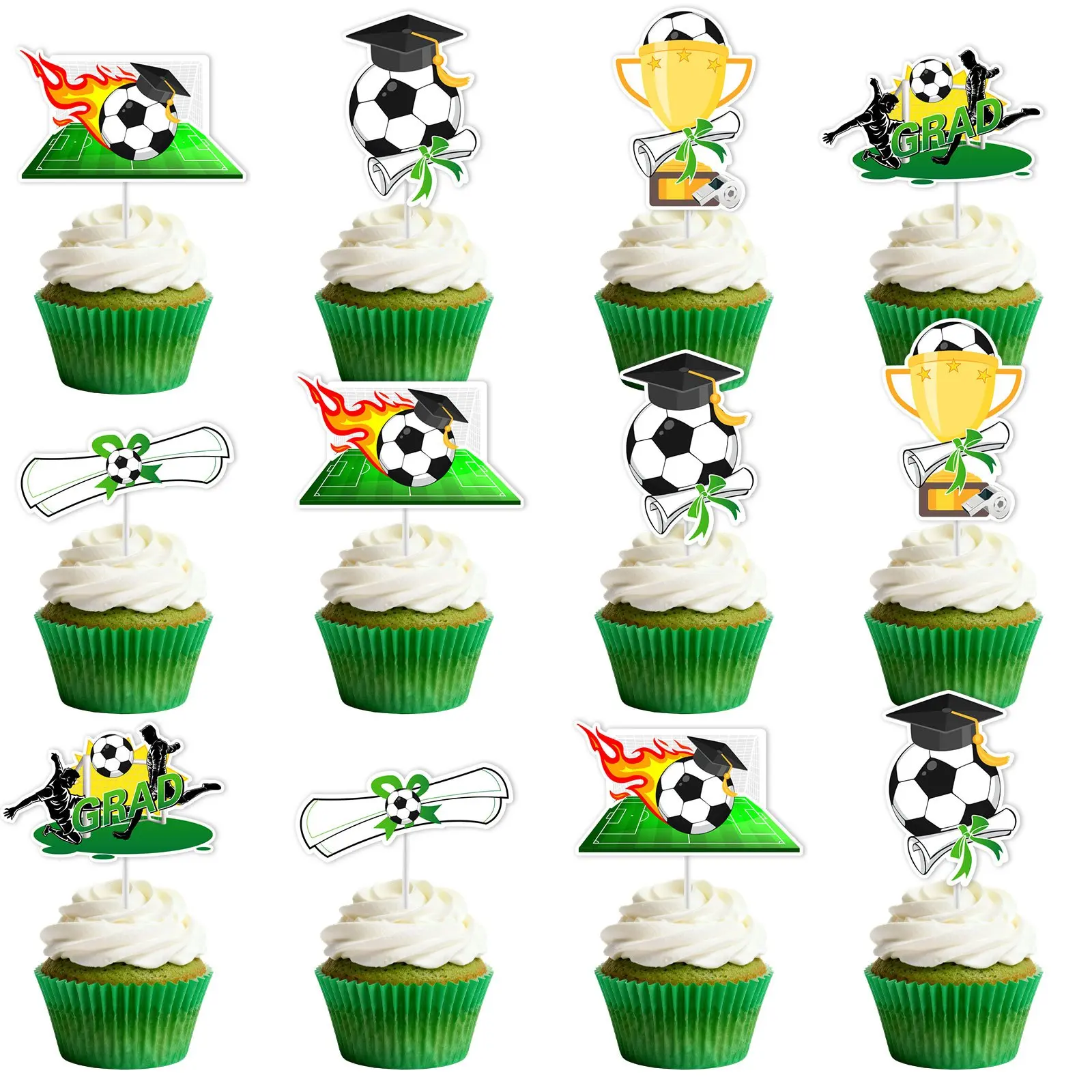 30PCS Soccer Graduation Cupcake Toppers, Sports Theme Grad Party Dessert Decor Picks, 1 Set Cake Decoration Supplies