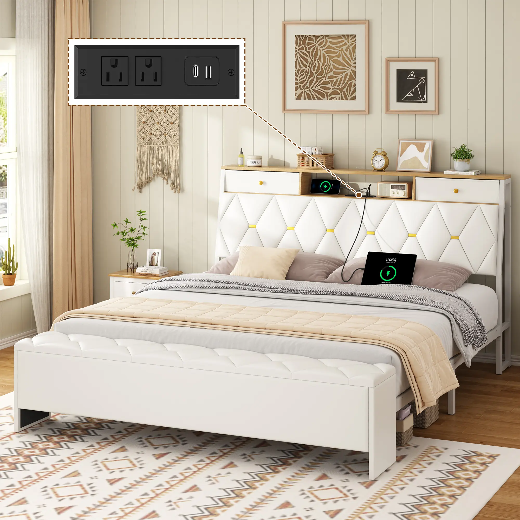 PU Leather Upholstered Metal Platform Bed Frame with Charging Station, Headboard Drawers & Hydraulic Storage Ottoman Bench, Heavy‑Duty 1200 Lbs Weight Capacity, No Box Spring Needed, Full/Queen/King Size