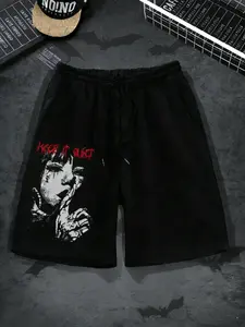 Keep It Quiet Gothic Style Dark Portrait Print Shorts, Casual Loose Fit Gym Shorts for Relaxed Comfort, Stylish Streetwear Sports Shorts for Everyday Use