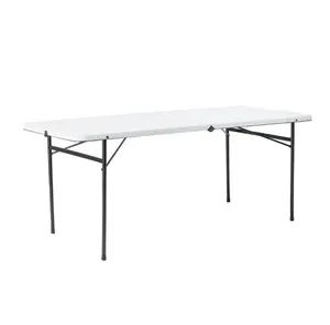 Mainstays 6-foot folding plastic table, white, portable outdoor picnic table with integrated handle and steel legs, suitable for parties, dining, weddings, events, indoor and outdoor picnics, camping, utility, foldable.