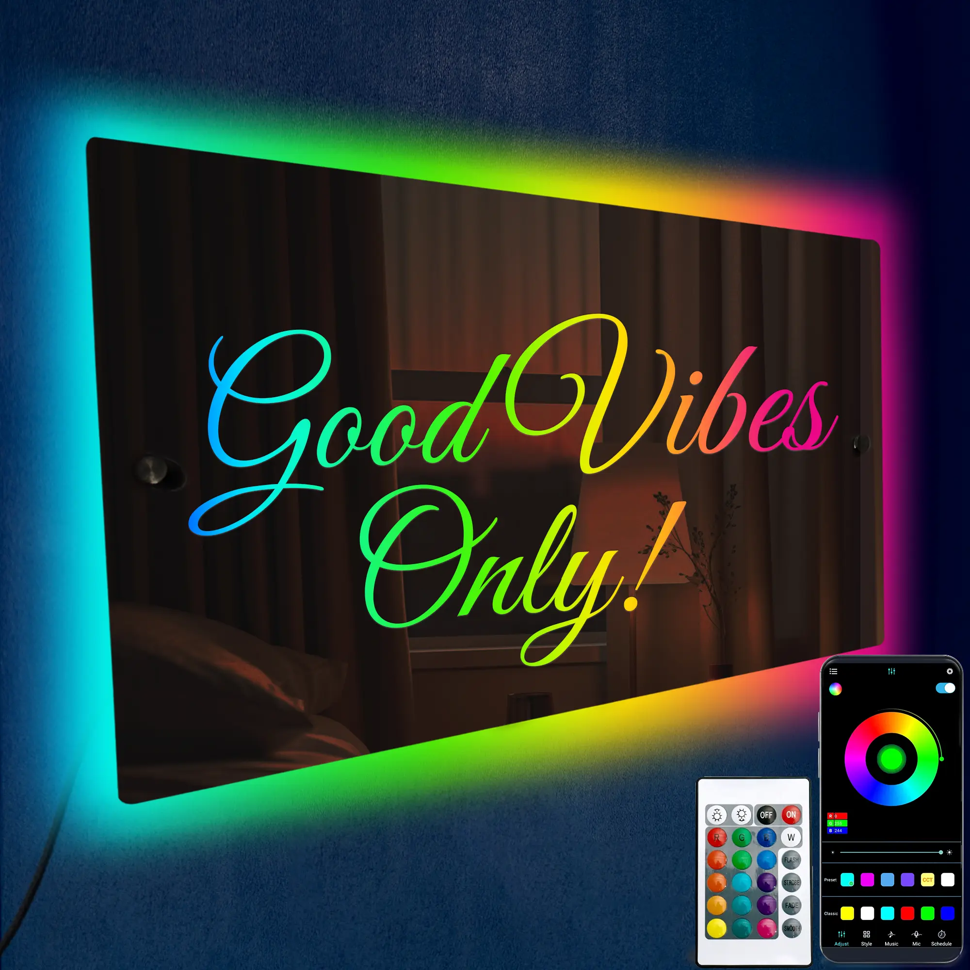 Tip Perk Good Vibes Only LED Mirror - Light Up Name Sign For Bedroom, Handmade Mirror With LED Lighting, Interactive Wall Decor & High-Quality Acrylic Material