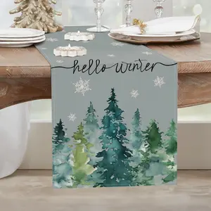 Winter Pine Tree Table Runner 13x72 Inch Christmas Tree Snowflakes Ink Wash Painting Winter Holiday Kitchen Dining Table Decoration for Indoor Outdoor  Party Decor