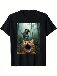 Men's Trending "Cat vs Dinosaur" Humor Graphic Tee Crewneck, Round Neck, Bold Meme Print, Soft Cotton, Loose, Streetwear, Menswear – Ideal for Pop Culture Fans, Humor Enthusiasts & Eye-Catching Casual Wear