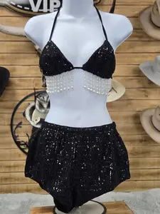 Womens Black Glitter Short and Bra Set