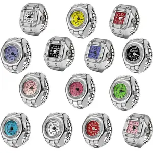 Vintage Punk Finger Watch Mini Elastic Strap Alloy Watches Couple Rings Jewelry Clock Retro Roman Quartz Watch Rings for Women Men