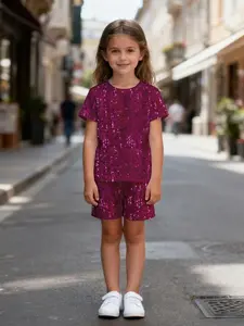 Girls' Short Sleeve Shorts Set, Digital Print Full Body Sequin Pattern, Luxurious Fashion, Comfortable and Decorative, Perfect for Outdoor Wear