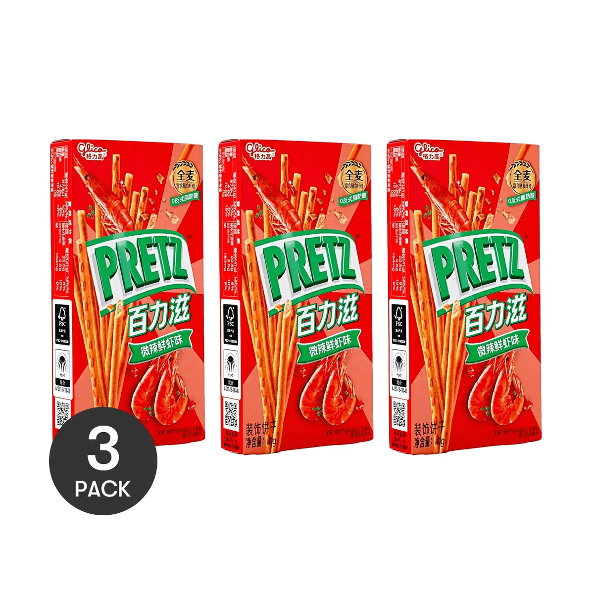 Glico Pocky Spicy Shrimp Flavor Biscuit Sticks 3-Pack (41g/bag) - Whole Wheat & High Fiber Snack