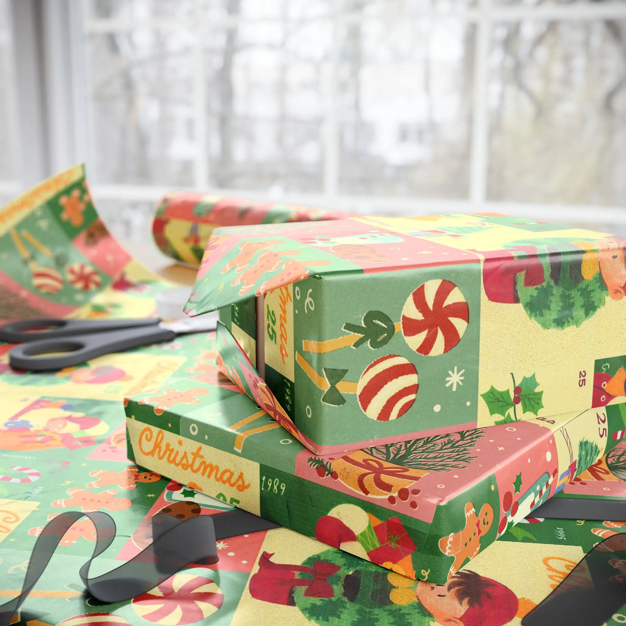 Vintage Christmas Wrapping Paper - Office Stationery Retro Holiday Gift Wrap with Santa, Gingerbread, Candy Cane Patchwork Design