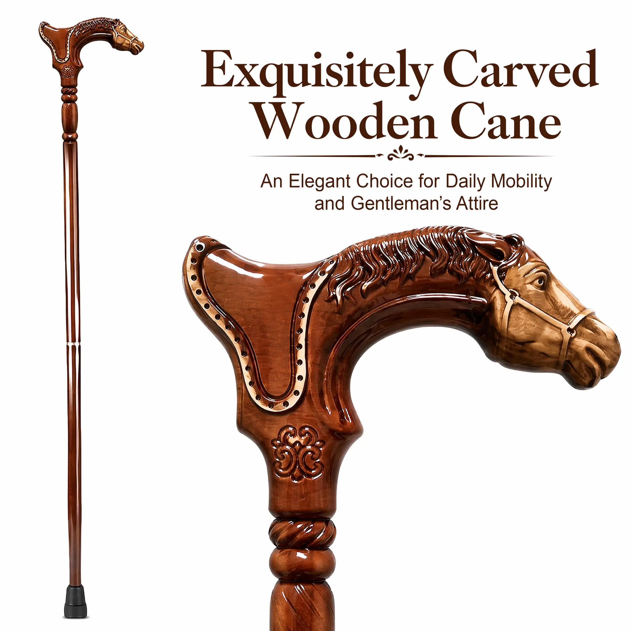 Walking Cane Wooden Horse Head Carved for Men and Women Elegant Design for Daily Use Hiking Outdoor Walking Sturdy Support Stick Natural Wood