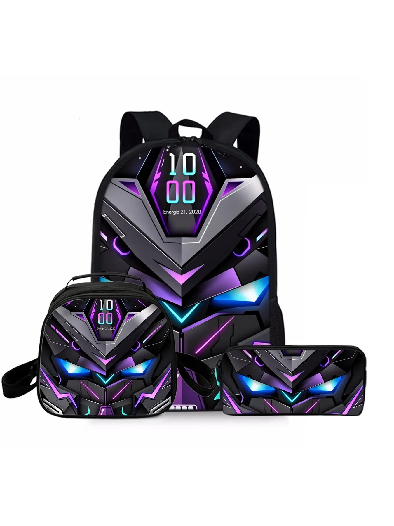 Robot-print backpack three-piece set, including lunch bag, pencil case, and backpack, Backpack For School, Pattern Backpack Set