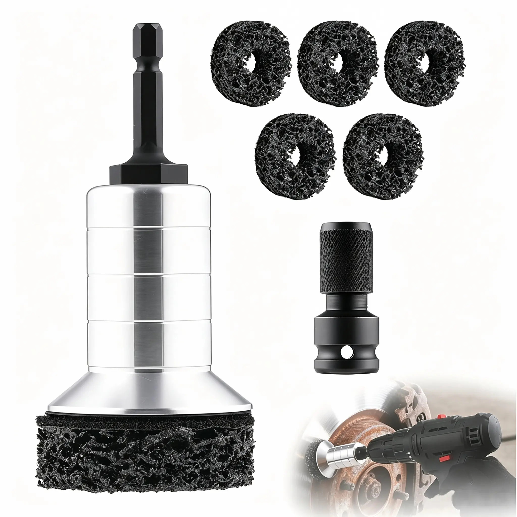 Wheel Hub & Stud Cleaning Tool Kit, Rust Removal Resurfacing Tool for Lug Studs, Wheel Hubs & Brake Rotors, Includes 5 Cleaning Pads, Compatible with 1/2" Wrench & Electric Drill
