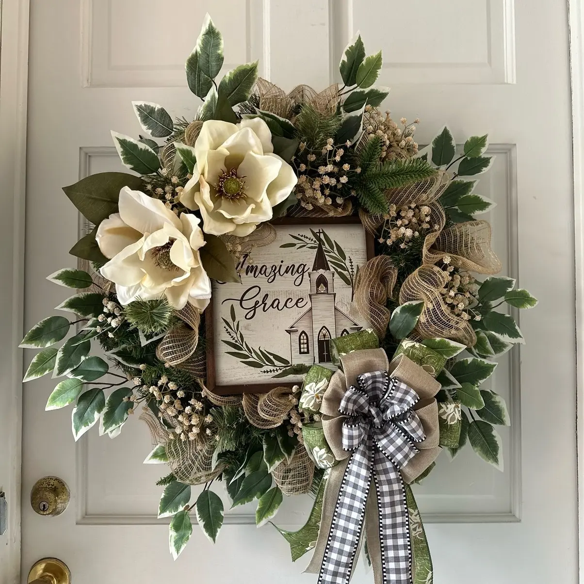Classy Homestead Amazing Grace Handmade Wreath with Magnolia and Burlap Decor, 30x28x11 Door Wall Decor