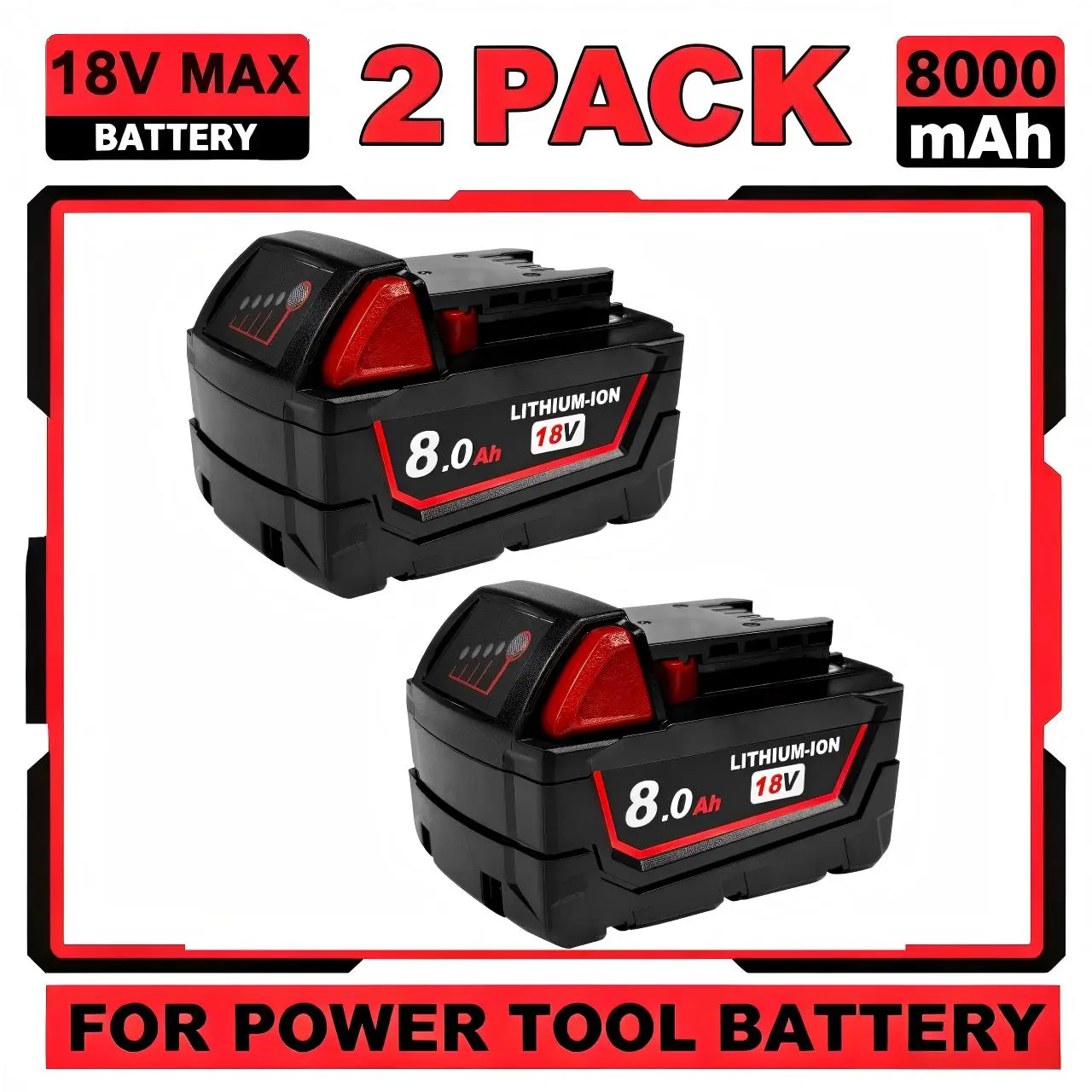2-Pack 8.0Ah M-18 Replacement Battery for Milwaukee 18V Cordless Power Tools, Compatible with Models 48-11-1862, 1852, 1880, 1882