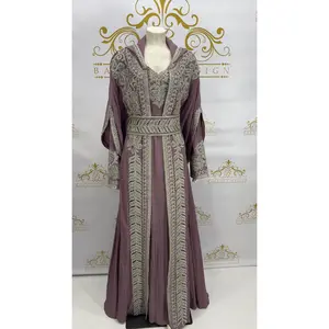 Hooded Butterfly Kaftan Caftan Dress Set 3 Pcs Long Dress Silver Beads & Embroidery Purple