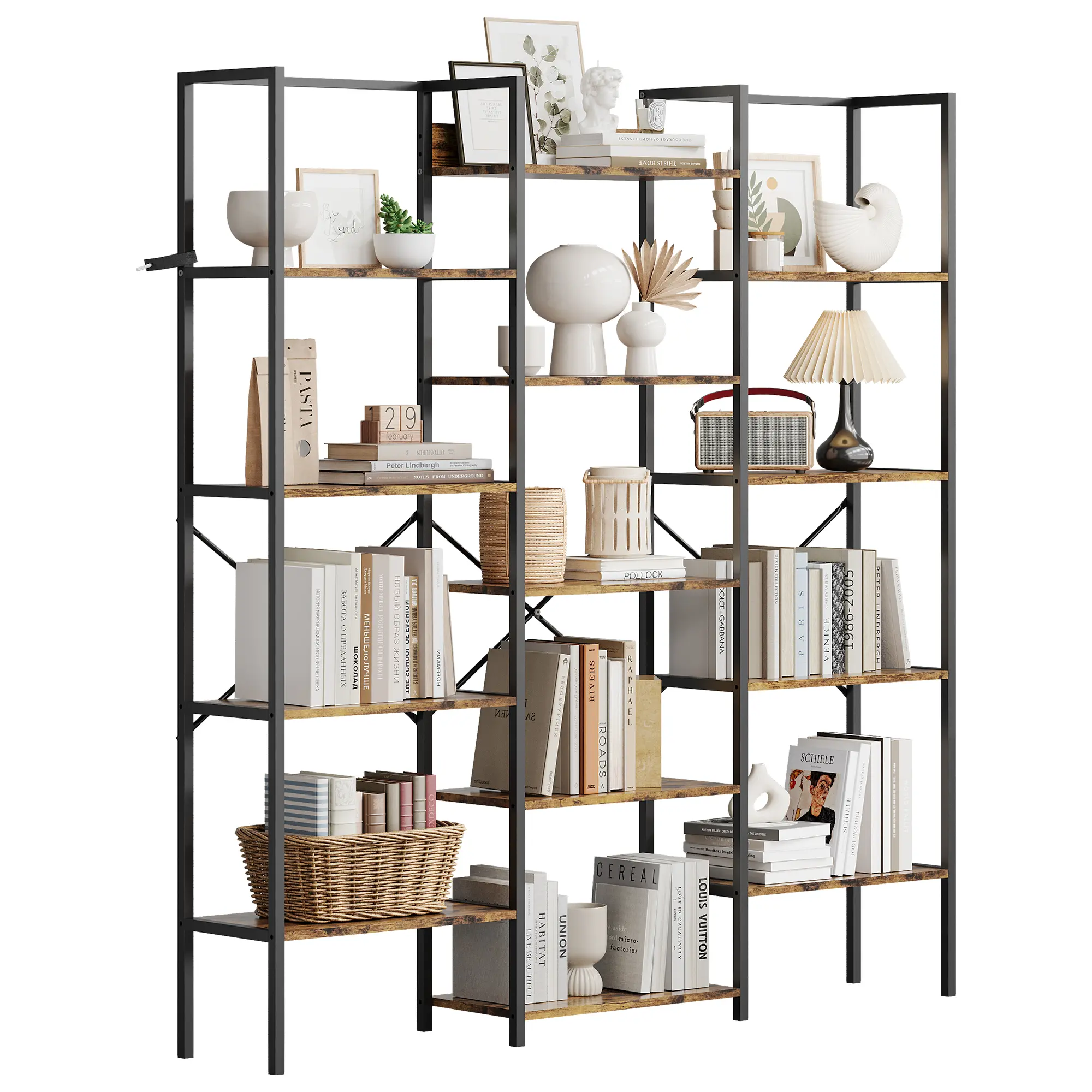 Triple Wide 5-Tier Bookshelf, Rustic Industrial Bookshelf with Metal Frame, 67.5" Large Bookcase with 14 Display Shelves, Ideal for Living Room, Home and Offcie, Rustic Brown