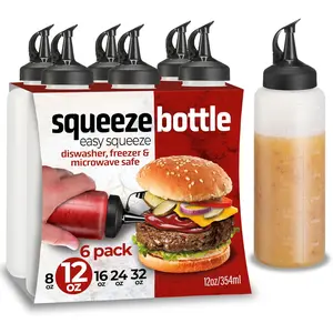 6 Pack Condiment Squeeze Bottles 12 Oz -Easy Pour Sauce Bottles With Leak Proof , Plastic Squeeze Bottles For Sauces, Condiment Bottles, Condiment Containers, clear, SP011