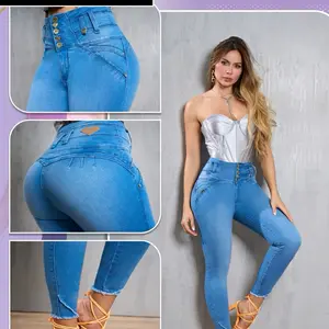 Ultra Power Strange Ref H004 Celeste Color High Waist Faja 360 Heart Design Button Front Boot Cut Jeans Without Bag