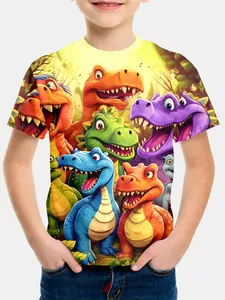 Children Cartoon Dinosaur Family 3D Print Short Sleeve T-Shirt, Unisex Summer Wear, Cute Dinosaur Theme Round Neck Top