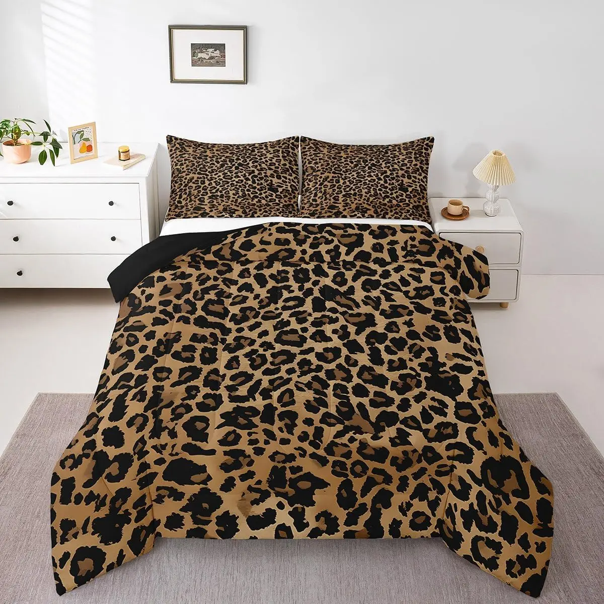 Kids Black Brown Leopard Comforter Set Animal Print Duvet Quilt Cheetah Bedding Set Breathable Soft Women Men Safari Bedroom Decor