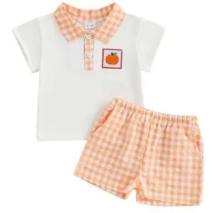Toddler Baby Boy Halloween Outfits Pumpkin Embroidery Short Sleeve Polo T-shirt Top Plaid Shorts 2Pcs Summer Fall Gentleman Clothes Set