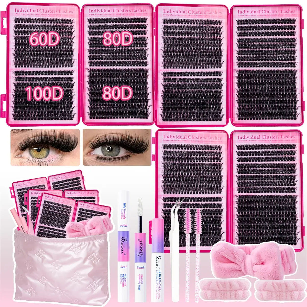 Lash Clusters Kit with Makeup Bag, Dense 60/80/100D DIY Cluster Lashes, Long Lasting Waterproof, Volume Lashes Clusters Lash Kit with Bond&Seal, Remover, Tweezers, Brush, Individual Lash Clusters, Lash Extensions, Eyelash Extension