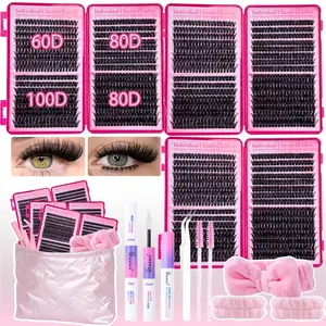 Lash Clusters Kit with Makeup Bag, Dense 60/80/100D DIY Cluster Lashes, Long Lasting Waterproof, Volume Lashes Clusters Lash Kit with Bond&Seal, Remover, Tweezers, Brush, Headband&Wristband, Individual Lash Clusters, Lash Extensions at Home