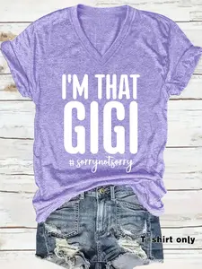 Gigi Print V-Neck T-Shirt, Casual Vacation Women's Short Sleeve Top, Daily Comfort, Elegant Design, Soft Fabric, Fitted Style