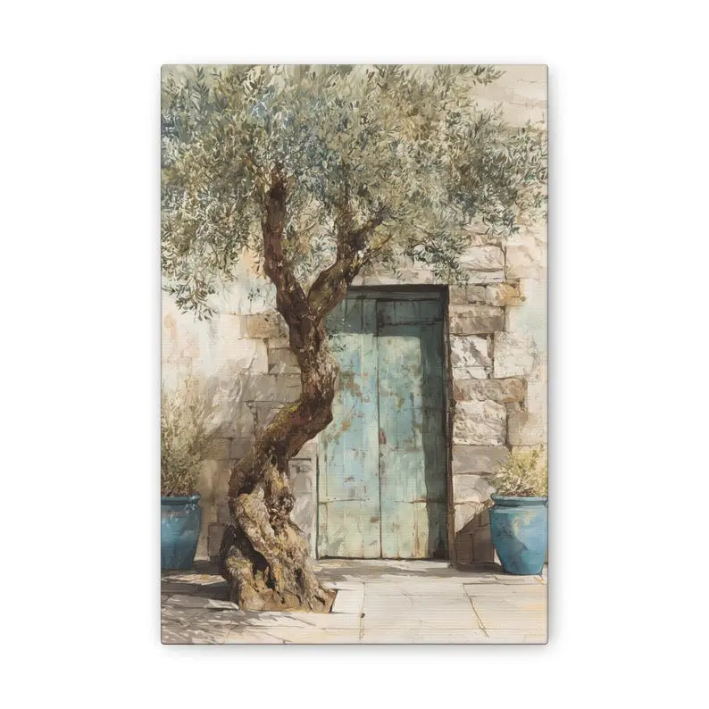 Mediterranean Rustic Blue Door Poster, Olive Tree Wall Art Print, Coastal Home Decor, Aesthetic Gift for Art Lovers