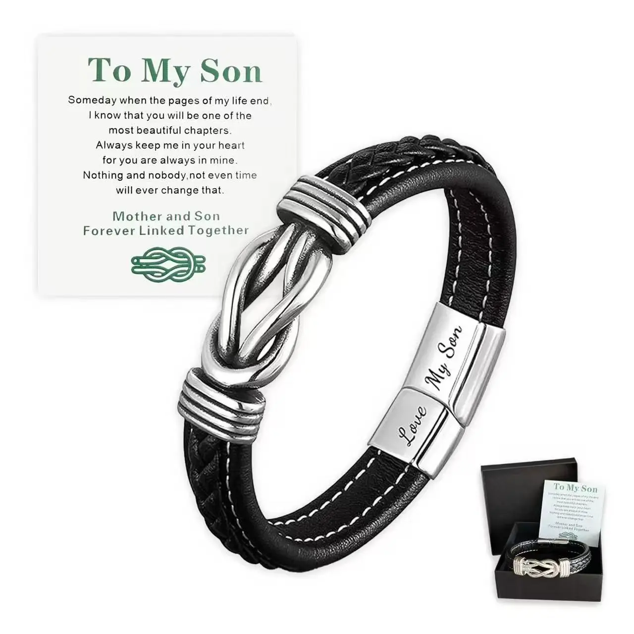 To My Son Infinity Knot Bracelet, Forever Linked Together Leather & Stainless Steel Engraved Jewelry from Mom for Birthday Christmas