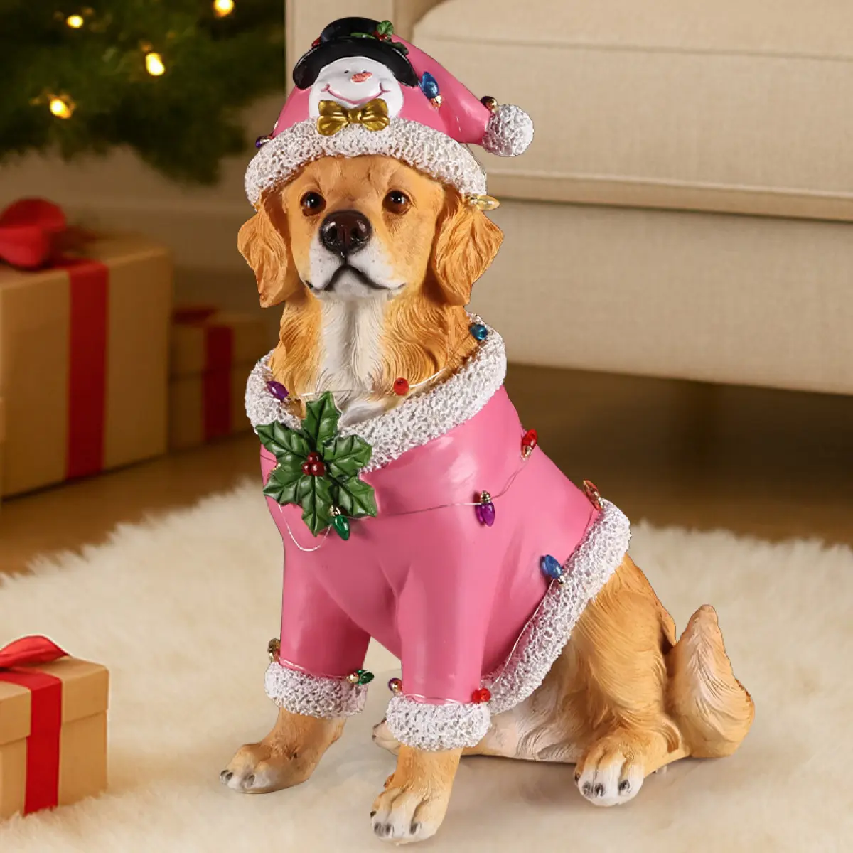 AobtkelChristmas Golden Retriever Statue, Holiday Dog Figurine in Pink Santa Outfit