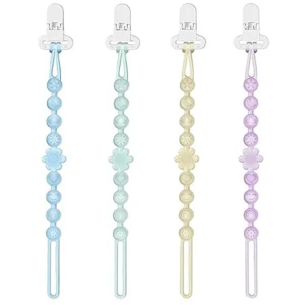 4 Packs Soft Silicone Pacifier Clip Holder with One-Piece Beads,Soft and Flexible, Teething Relief Baby Essentials Accessories, Safe for Boy and Girl