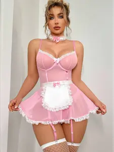 Women's Sexy Maid Costume Set (6pcs) - Womenswear, Adjustable Lace Net Dress, Matching Stockings