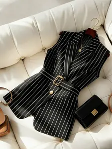 A women's black and white striped waist cinched suit vest with a fashionable new style of lace up slimming sleeveless camisole temperament for commuting. Suitable for all seasons, suitable for home, indoor, and outdoor wear