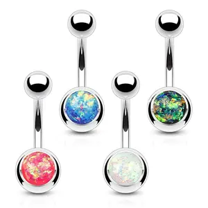 Fifth Cue Synthetic Opal Glitter Belly Button Rings 14G 316L Surgical Steel Pack (White, Dark Green, Pink, Blue)